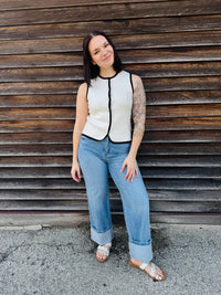 Ivory Contrast Trim Gold Button Sweater Vest