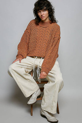 Genesis Mock Neck Balloon Sleeve Cable Knit Pullover Sweater - Cream