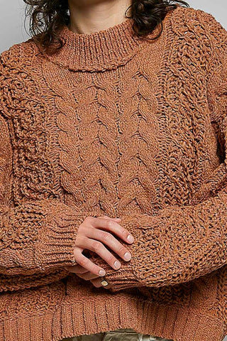 Genesis Mock Neck Balloon Sleeve Cable Knit Pullover Sweater - Cream