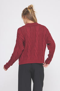 Person wearing a red cable knit sweater on a white background