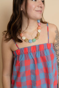 Blue and coral colorful plaid shift mini dress for women 