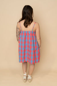 Blue and Coral plaid mini dress for spring and summer