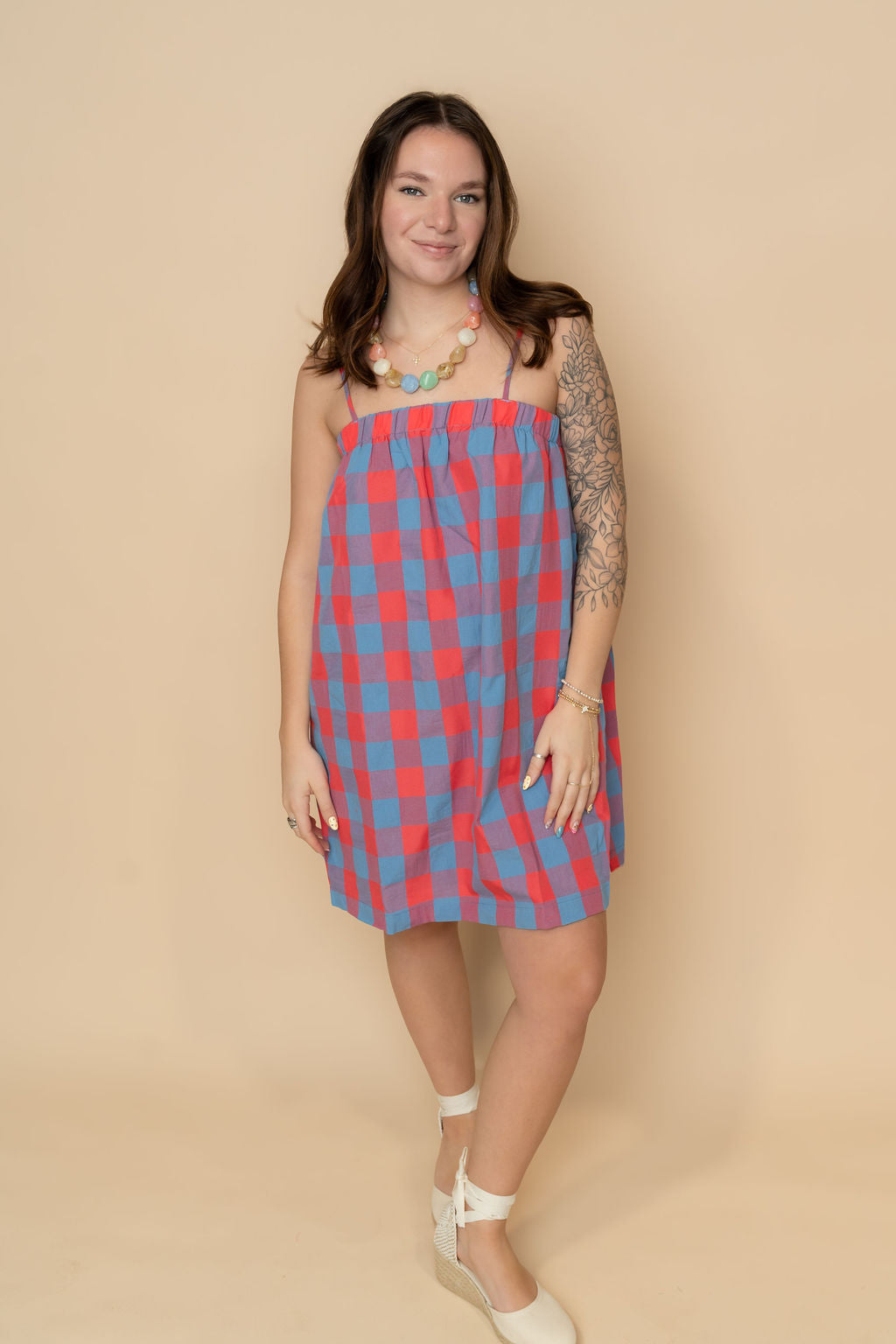 Blue and pink plaid mini shift dress for women