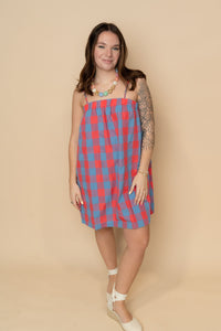 Blue and pink plaid mini shift dress for women
