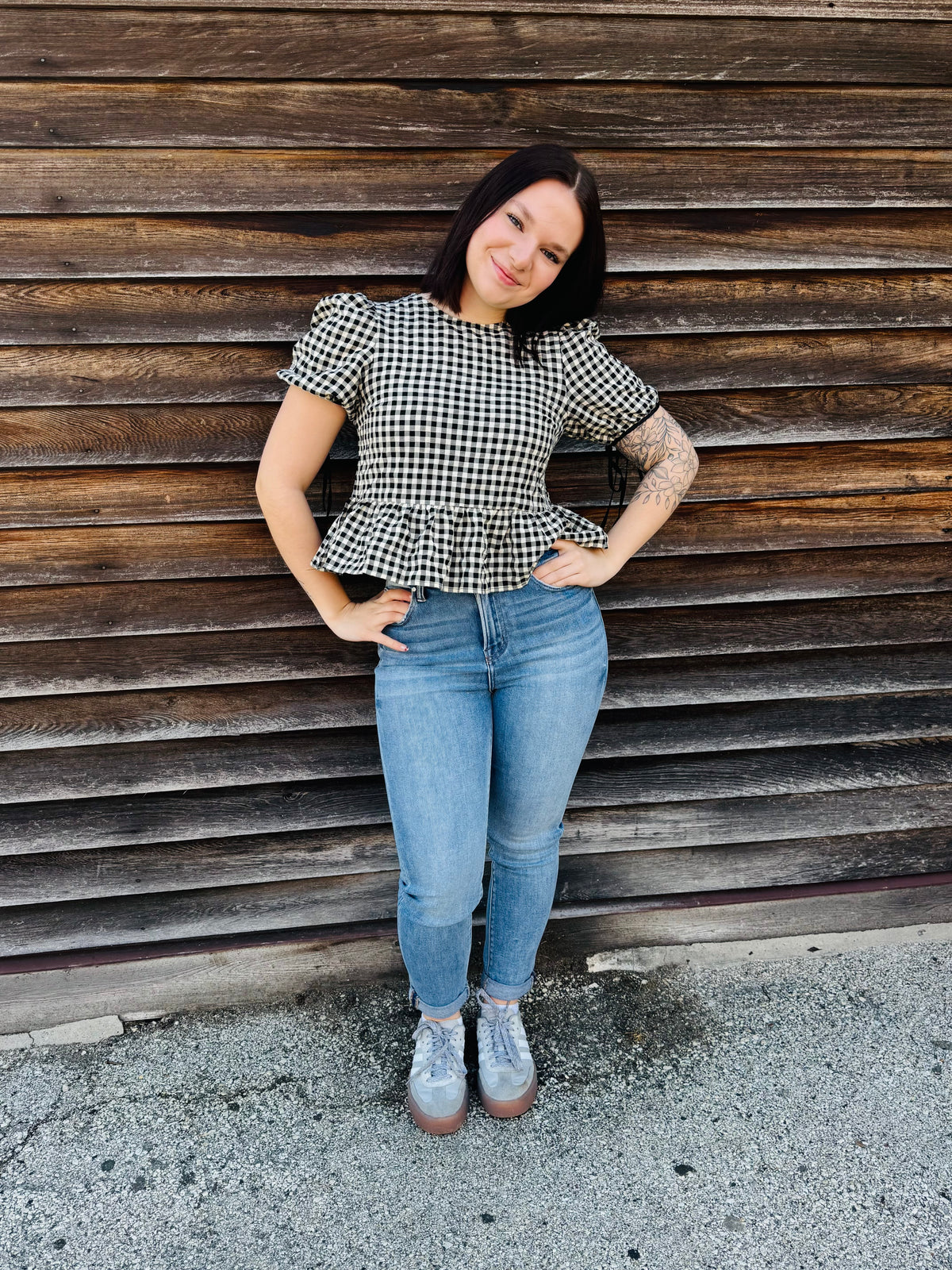 Checkmate Charm Gingham Ruffle Hem Short Sleeve Blouse