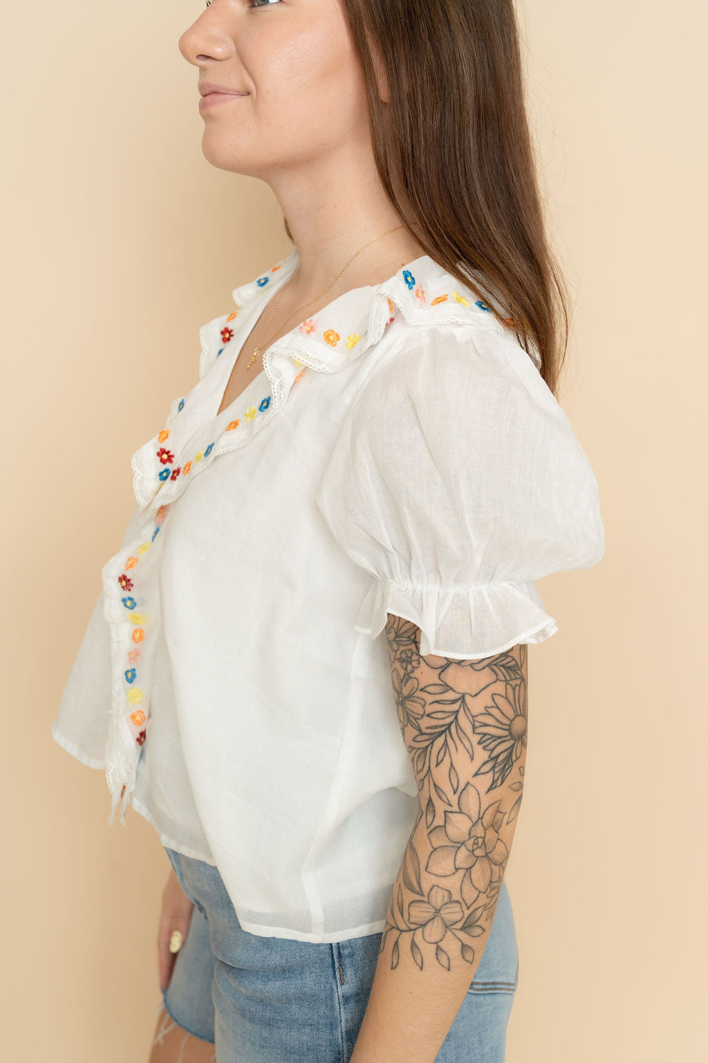 White ruffle embroidered blouse for women