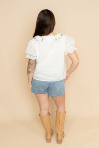 Womens ruffle and embroidered boho blouse in white