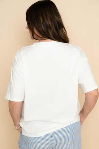 White tee with crab pocket, cute coastal tee for women