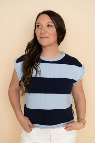 Navy striped short sleeve knit sweater for women 