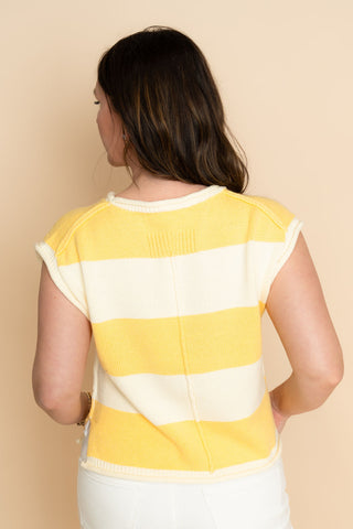 Yellow striped short sleeve knit sweater top for women