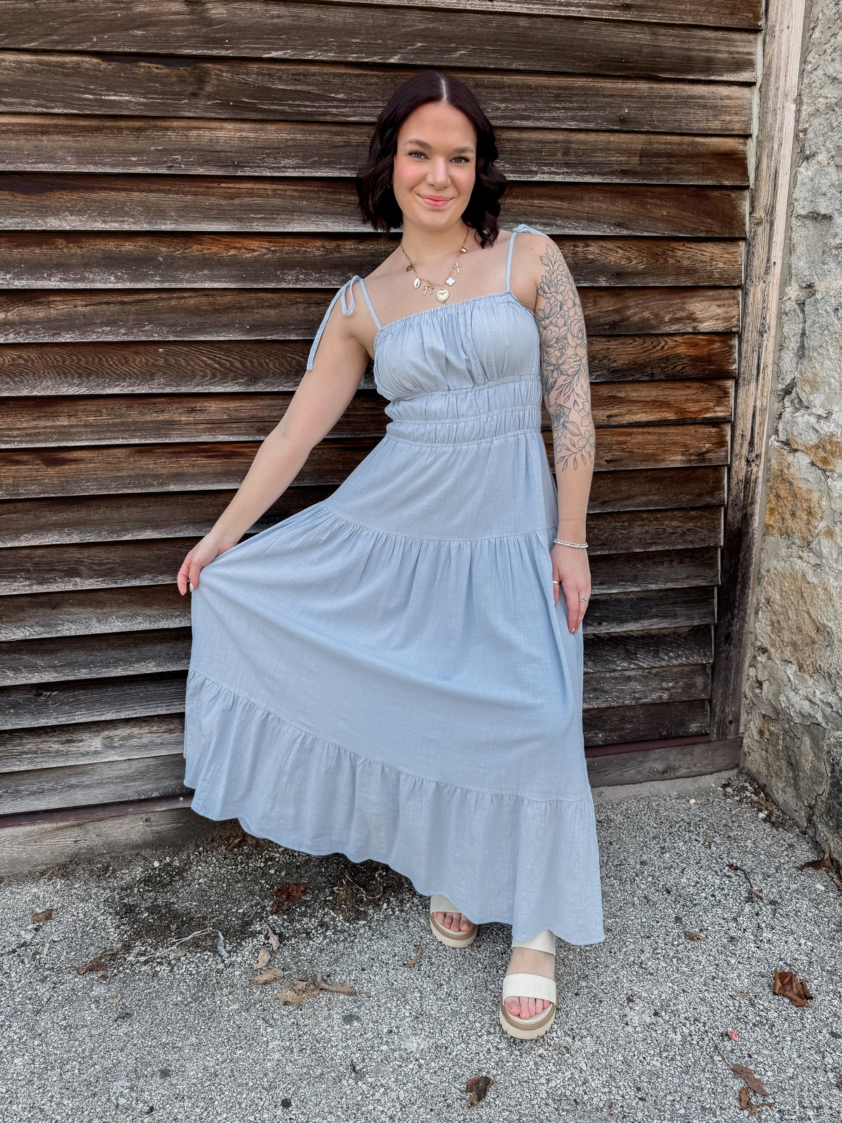 Baby Blue Spaghetti Strap Tiered Midi Dress