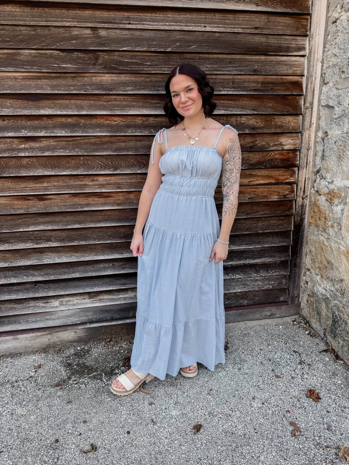 Baby Blue Spaghetti Strap Tiered Midi Dress