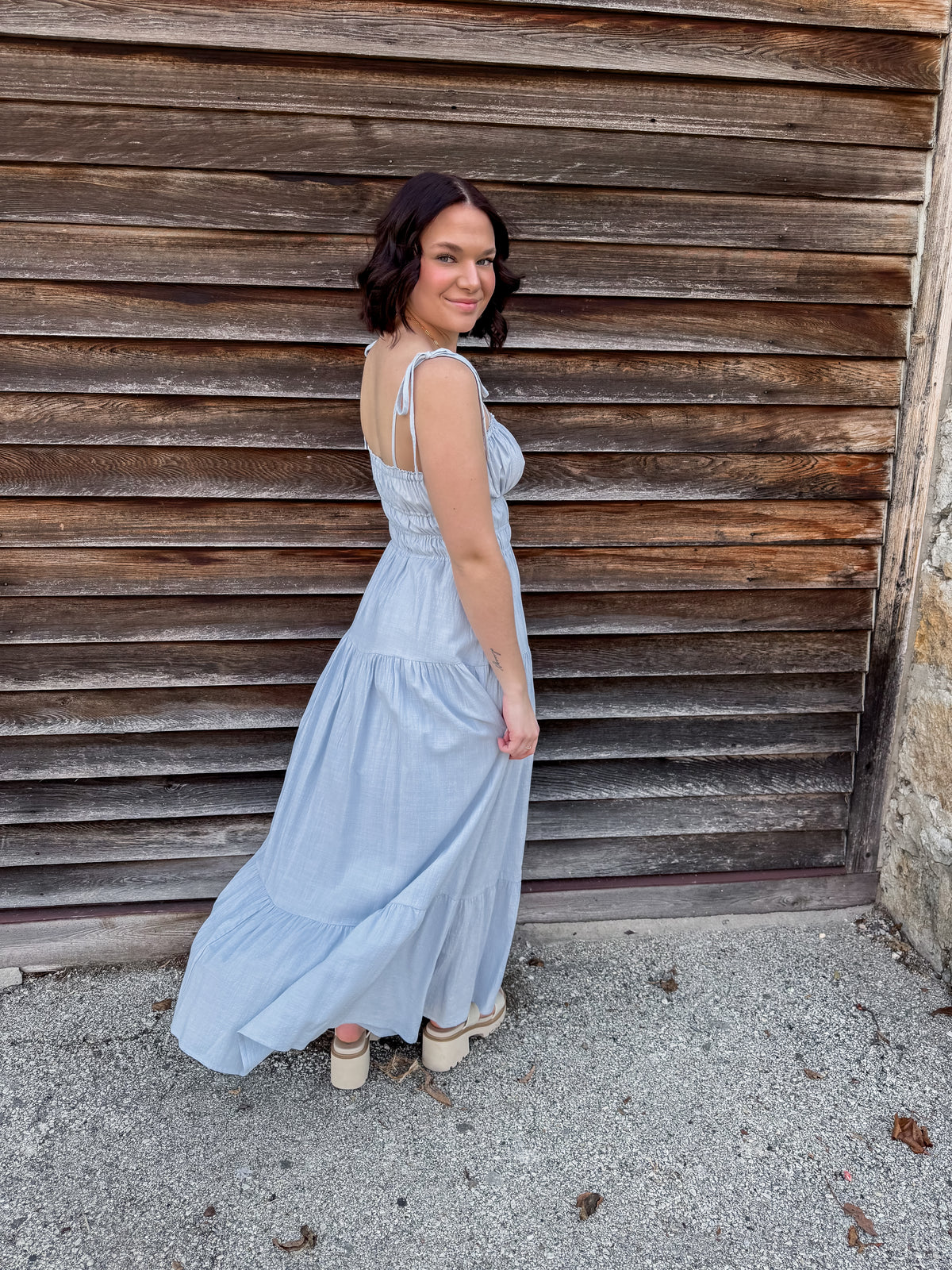 Baby Blue Spaghetti Strap Tiered Midi Dress