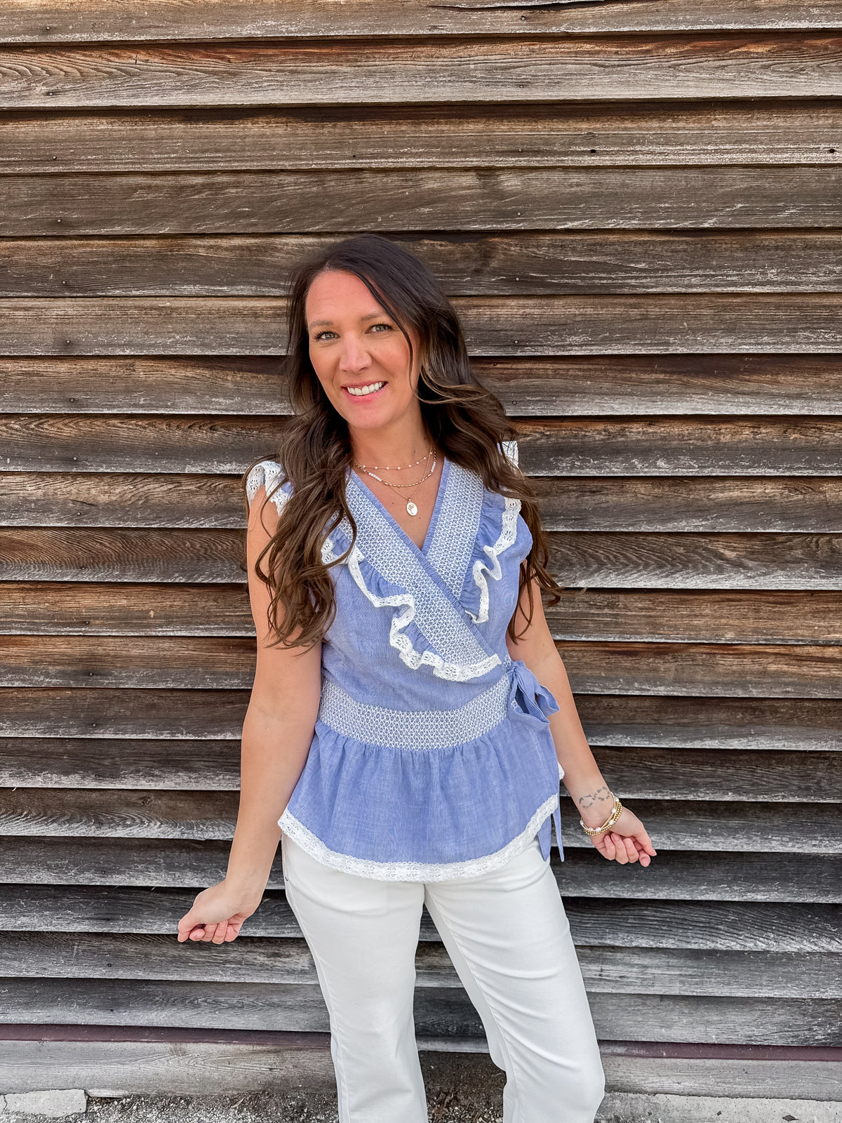 Azure Elegance Lace Trim Wrap Blouse