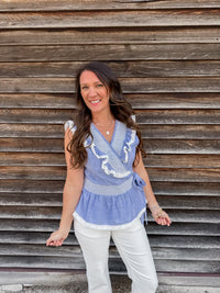 Azure Elegance Lace Trim Wrap Blouse