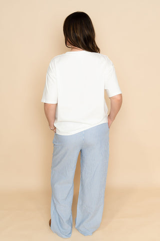 Lightweight blue and white striped lounge pants for a casual summer outfit 