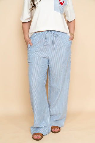 Blue and white striped lounge pants for women, coastal casual outfit