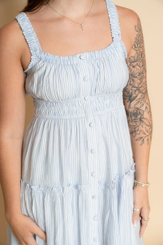 Blue and white striped seersucker midi dress for women