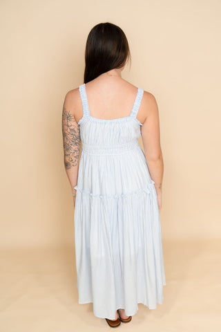 Blue and white striped midi sundress for women