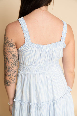 Blue and white striped seersucker midi dress for women for summer 
