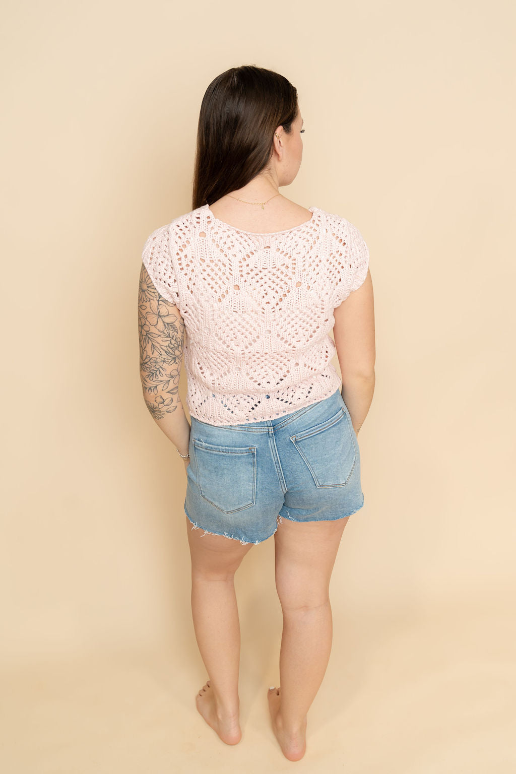 Pink crochet knit short sleeve sweater for women