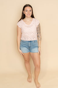 Pink short sleeve knit crochet sweater top for women