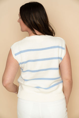 Lobster short sleeve sweater vest with blue stripes for women's coastal resort outfit