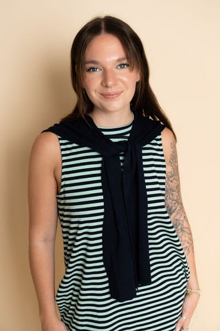 Navy striped coastal mini dress for women