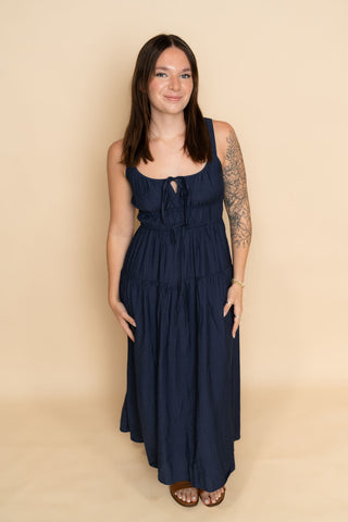 Navy midi sun dress for women 