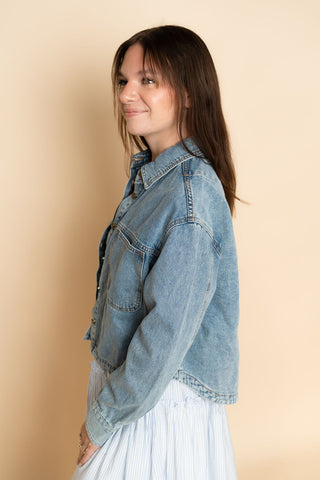 Womens medium wash denim button down front jacket perfect for layering