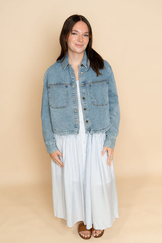 Womens medium wash denim jacket perfect for layering over dresses for summer