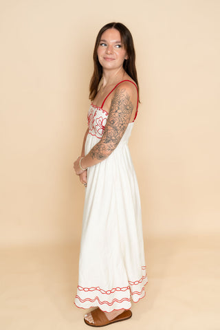 White embroidered maxi dress with red accent summer sundress for women
