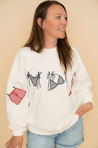 All-American Summer Icon Sweatshirt: Patriotic Embroidered Coastal Pullover