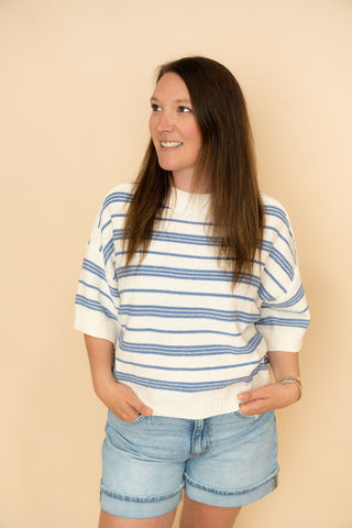 Hanni Striped Knit Short Sleeve Sweater - Blue