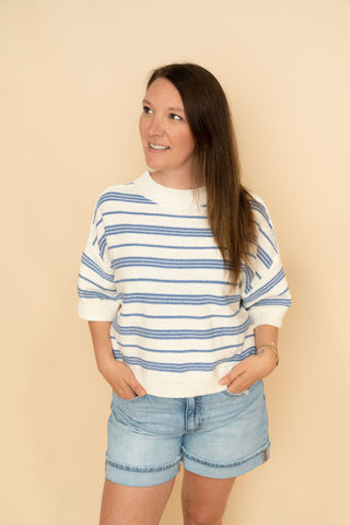 Hanni Striped Knit Short Sleeve Sweater - Blue