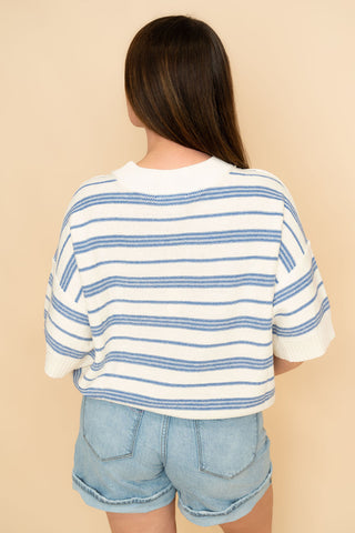 Hanni Striped Knit Short Sleeve Sweater - Blue