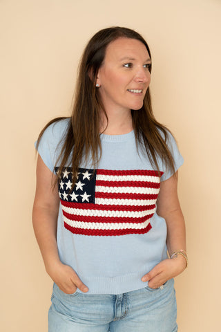 Wren American Flag Knit Top - Light Blue