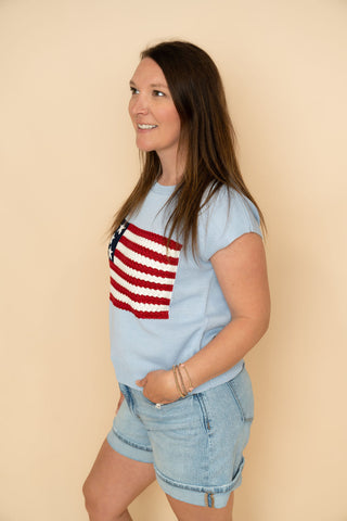 Wren American Flag Knit Top - Light Blue