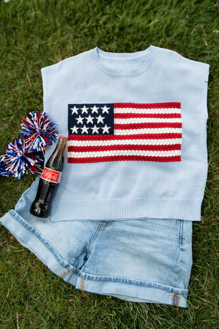 Wren American Flag Knit Top - Light Blue