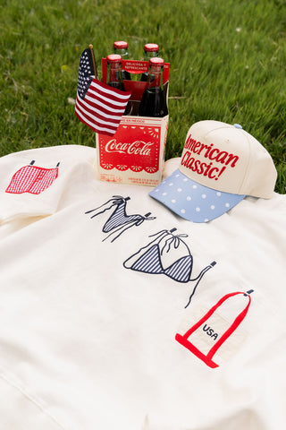 All-American Summer Icon Sweatshirt: Patriotic Embroidered Coastal Pullover
