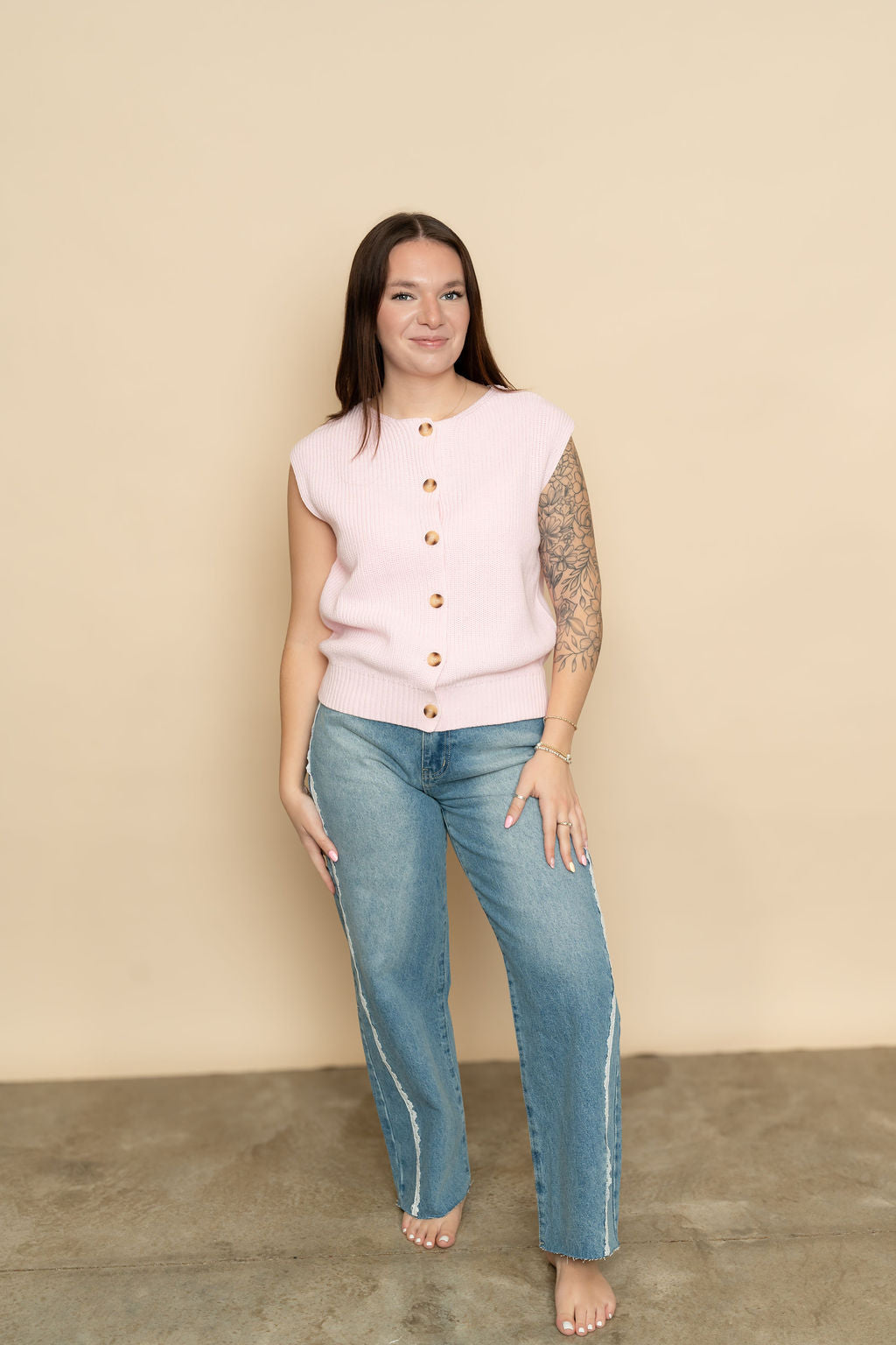 Cody Sleeveless Button-Up Ribbed Vest -Pink