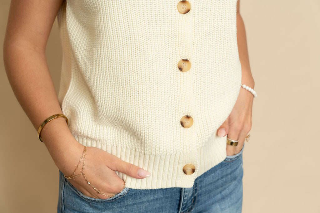 Cody Sleeveless Button-Up Ribbed Vest - Cream