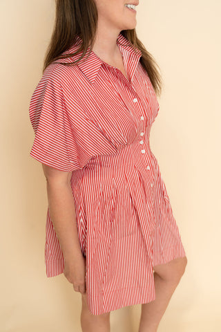 Monroe Pleated Striped Shirt Dress - Red