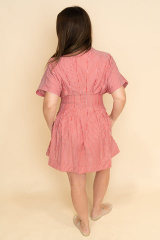 Monroe Pleated Striped Shirt Dress - Red
