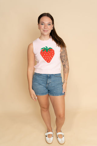 Stacy Strawberry Knit Tank Top - Pink