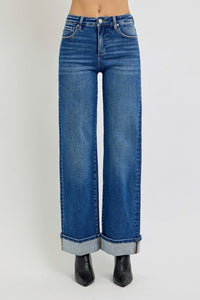 Risen Wide Leg Cuffed Jeans