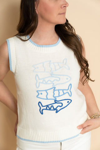 White knit sweater tank with blue sardines embroidered for women