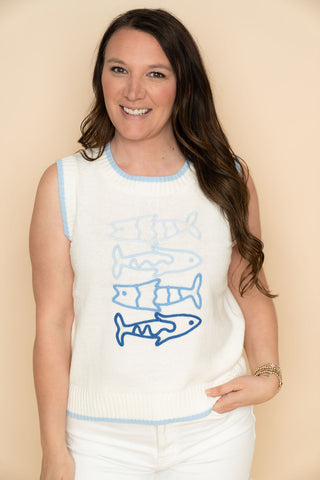 White and blue sardine knit sweater tank top for women