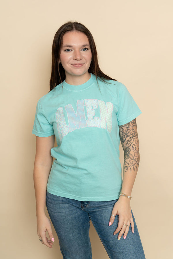 Chalky Mint Comfort Color Graphic Tee with Amen print perfect for a casual spring outfit. 