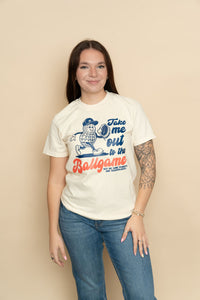 Ivory “Take Me Out to the Ball Game” graphic tee styled for a casual everyday outfit from Wild Lavender Boutique.